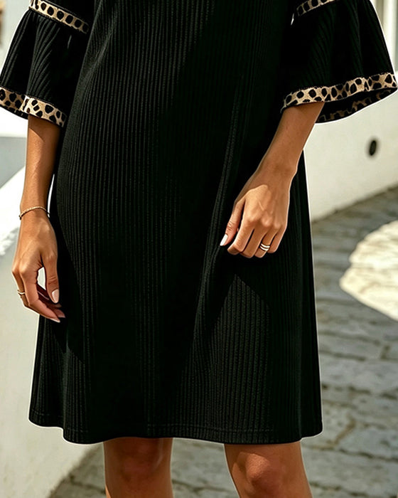 Flare Sleeve Ribbed Leopard Dress