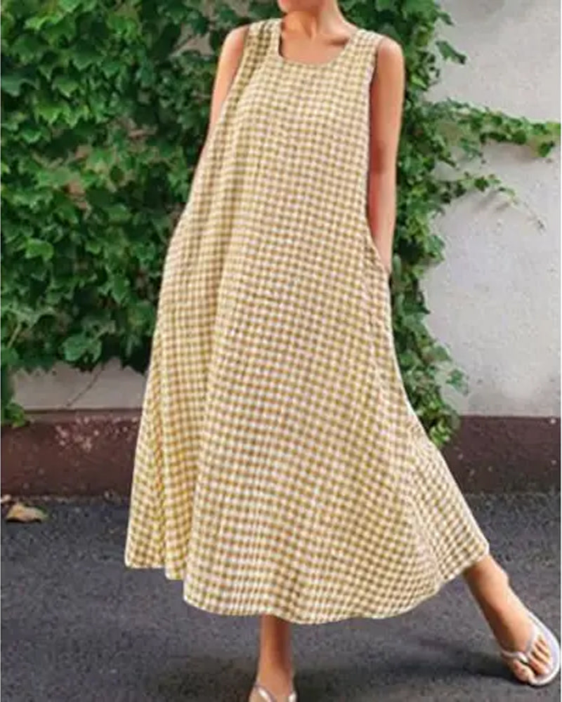 Plaid Sleeveless Square Neck Maxi Dress
