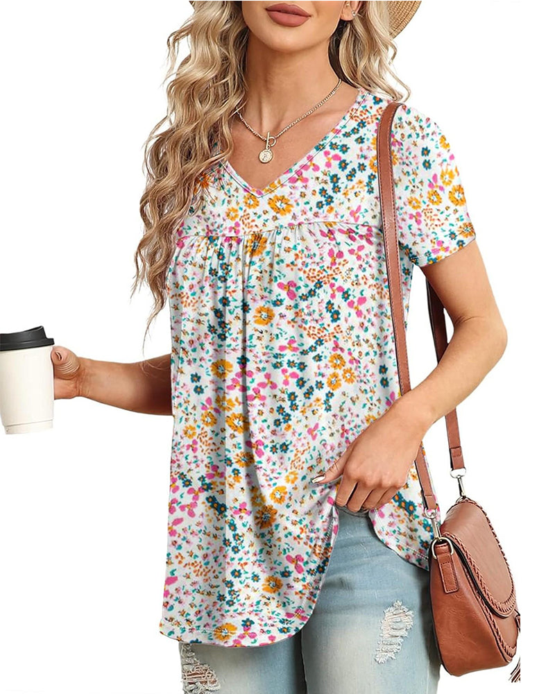 Floral V-Neck Short-Sleeved Blouse