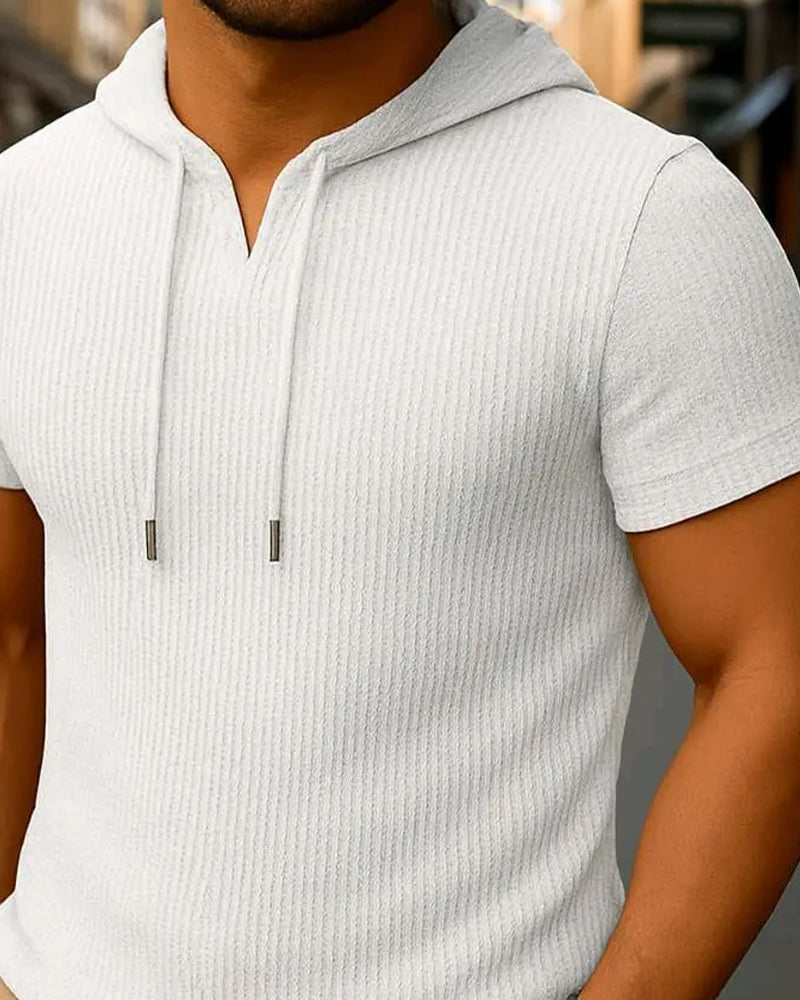 V-Neck Slit Vertical Stripe Short Sleeve Hoodie T-Shirt