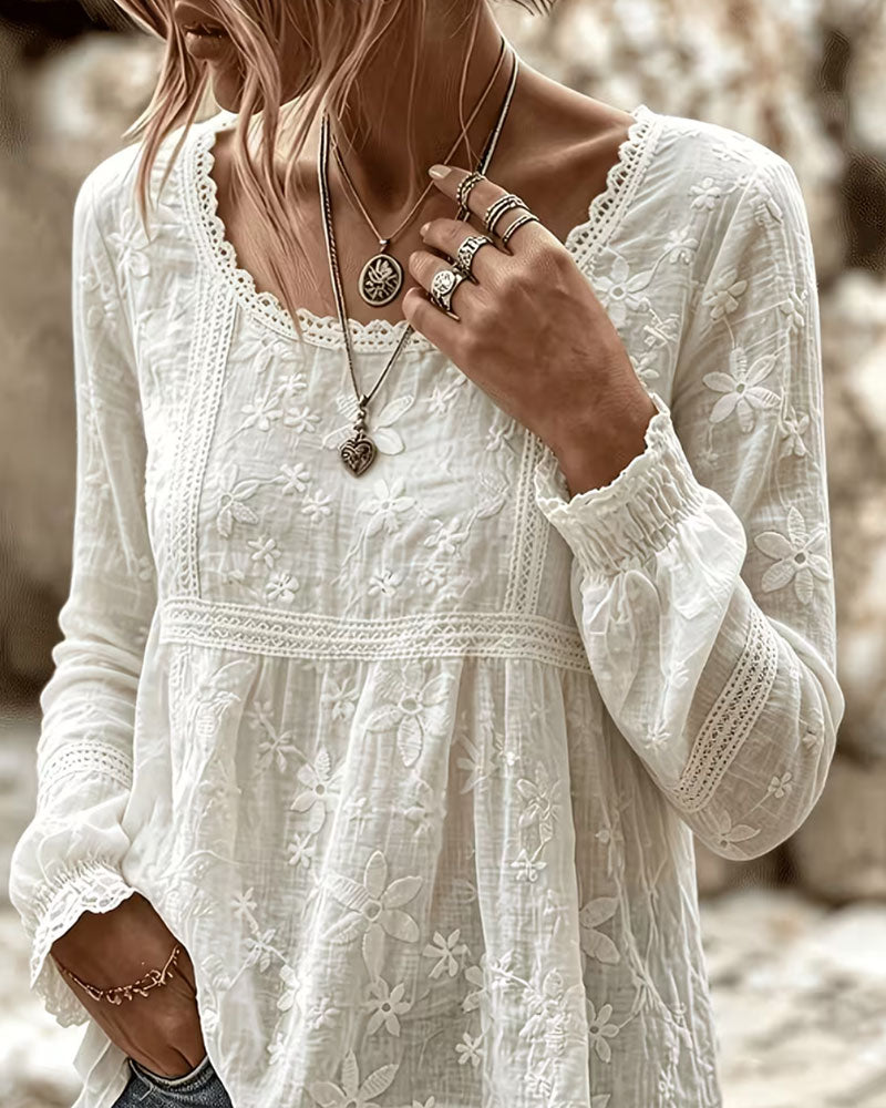 Round Neck Ruffled Lace Blouse