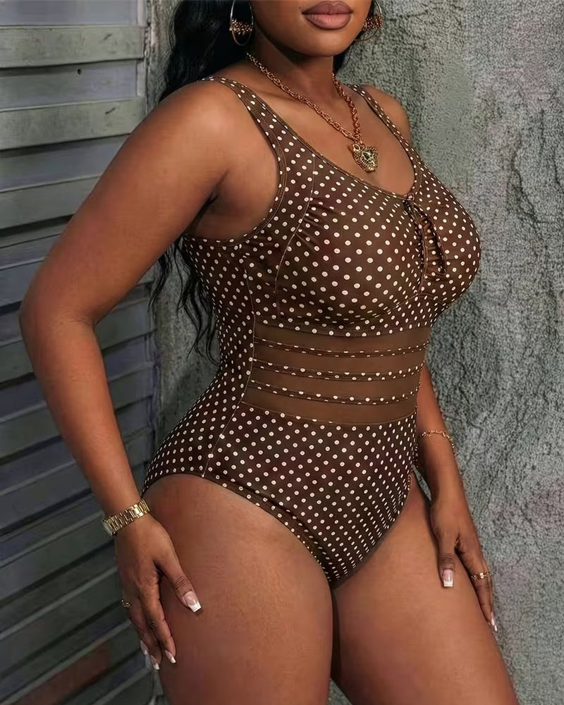 Lace-Up Polka-Dot Mesh One-Piece