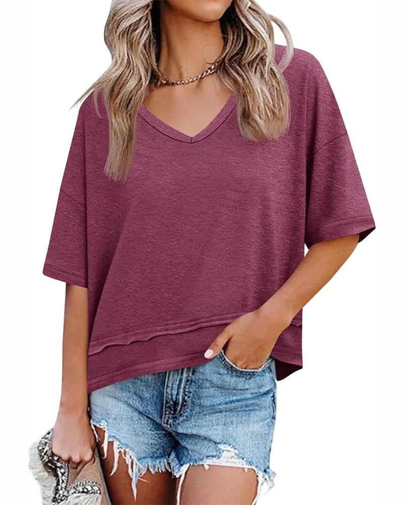 Solid V-Neck Patchwork Hem Blouses