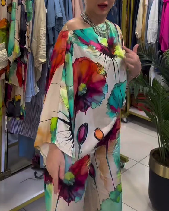 Lotus print one-shoulder three-quarter sleeve set