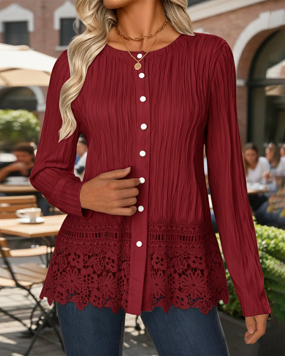 Lace-Trimmed Textured Fashion Blouse