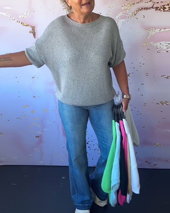 Casual loose solid color round neck pullover