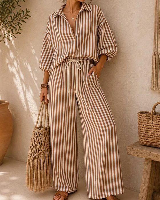 Shirt Collar Stripe Wide Leg Lantern Sleeve Set