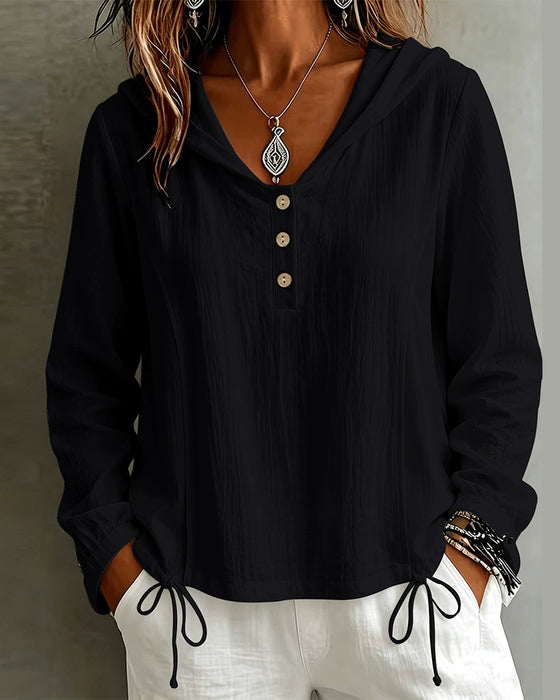 Solid Button Hooded Long Sleeve Top