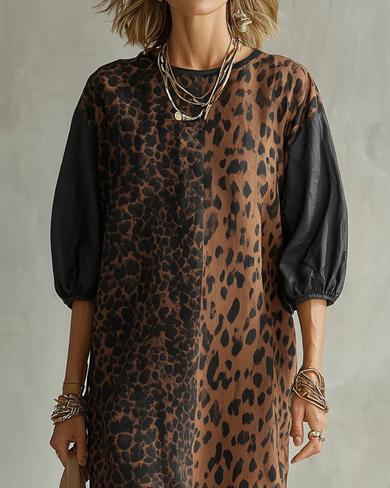Leopard Print Colorblock Puff Sleeve Dress