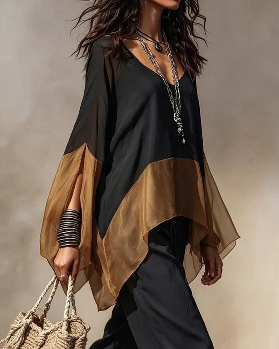 Contrast Panel Draped V-Neck Blouse
