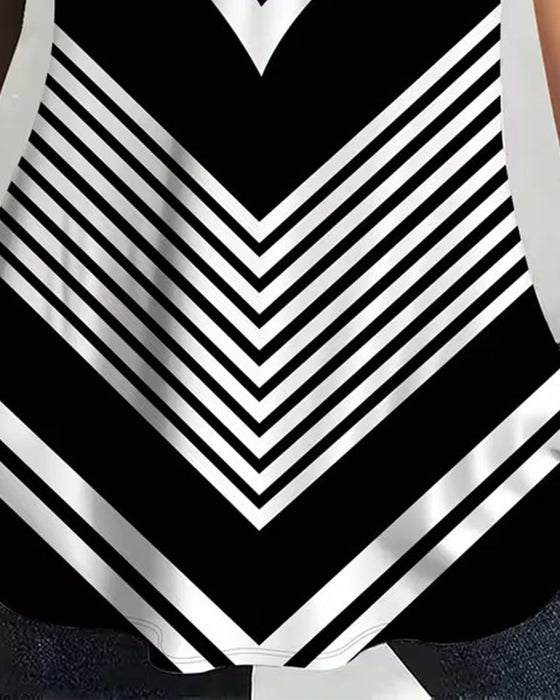 Zipper V-Neck Striped T-Shirt