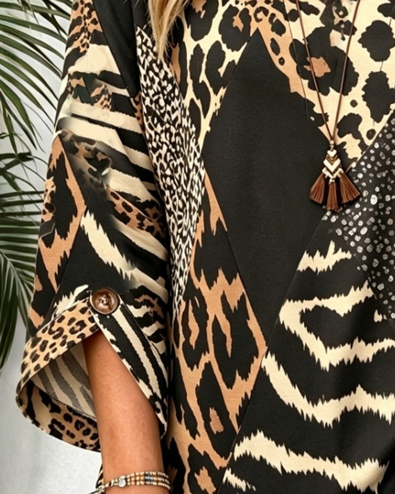 Crew Neck Button Leopard Shirred Blouse