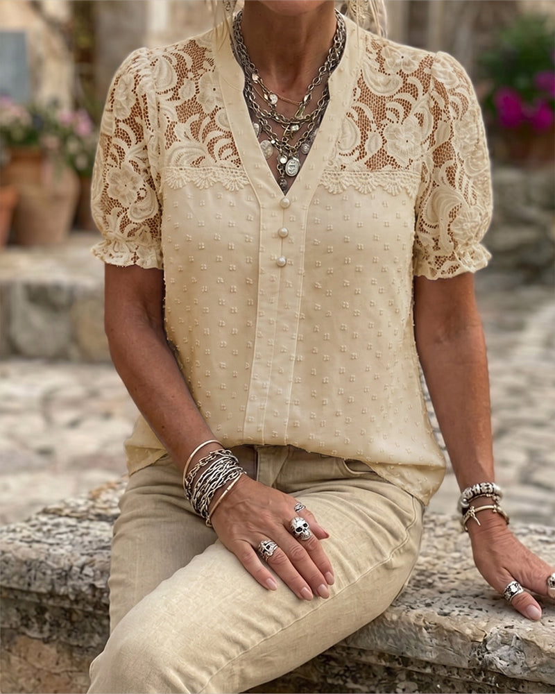 Lace Patchwork Puff Sleeve V-Neck Blouse
