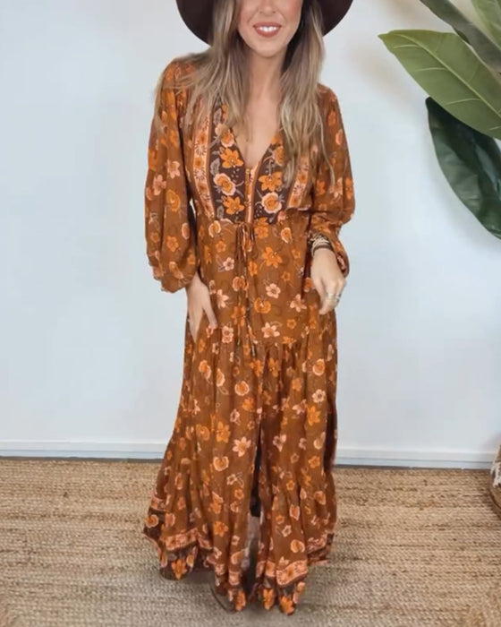 Vintage floral print V-neck lantern sleeve dress