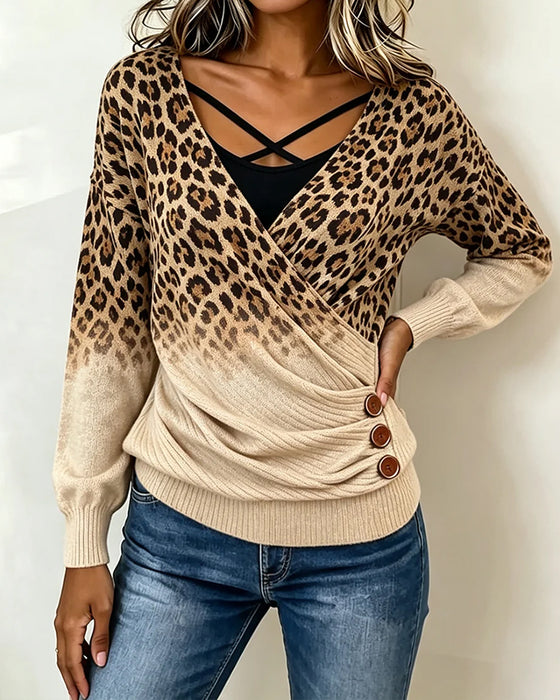 Leopard Print Cross Gradient Mock Two-Piece Top