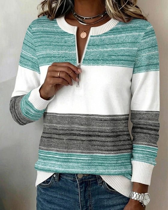Round Neck Zipper Striped Contrast Sweatshirt