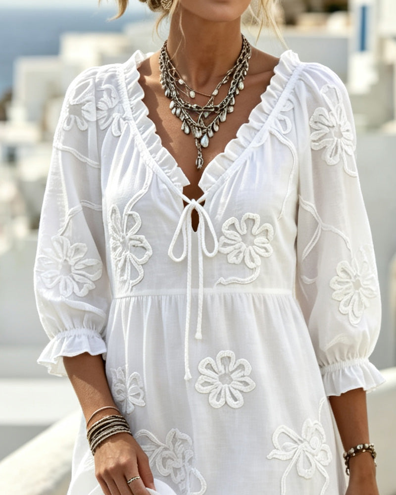 V-Neck Ruffle 3D Floral Dress