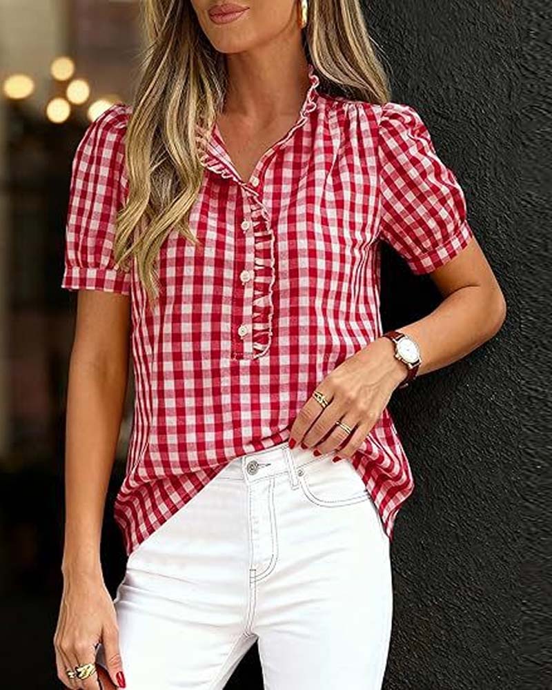 Plaid Puff Short-Sleeved Blouse