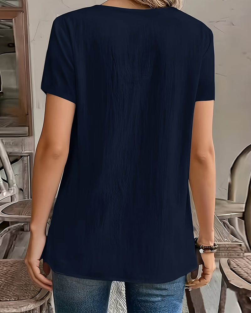 Small V-Neck Short Sleeve Solid Blouse