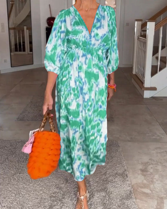 Fashion print v neck 3/4 sleeve dress
