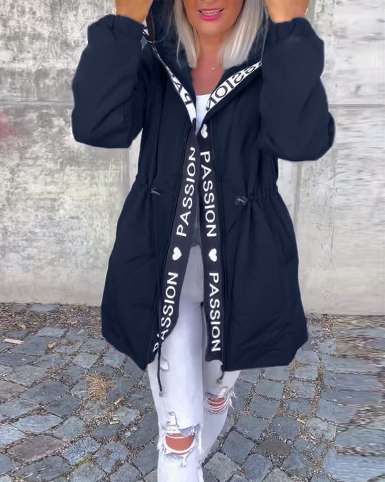 Casual letter print drawstring hooded coat
