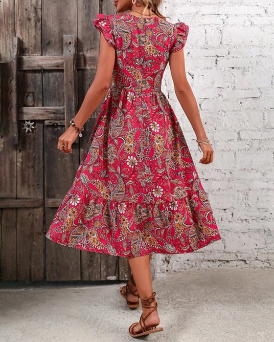 Printed v-neck short-sleeved dress