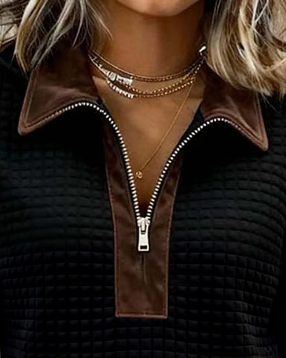 Lapel Zipper Pocket Color Block Sweatshirt