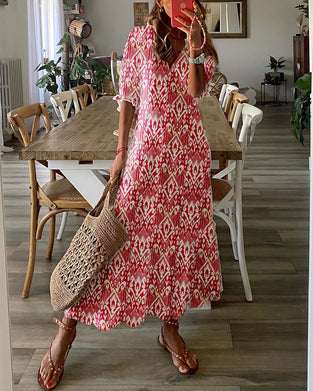 V-neck printed drawstring maxi dress
