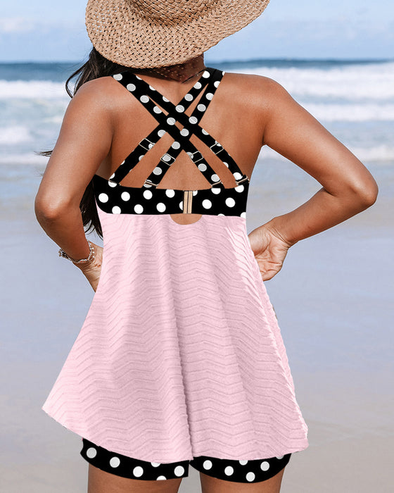 Rib polka dot print tankini swimsuit
