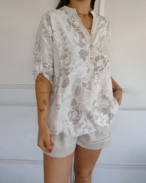 V-Neck Button-Down Printed Blouse