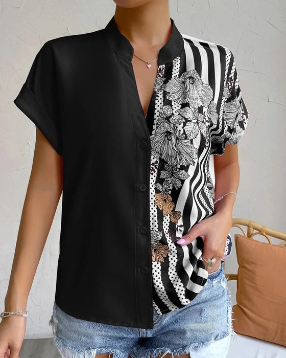Paneled floral print button short sleeve blouse