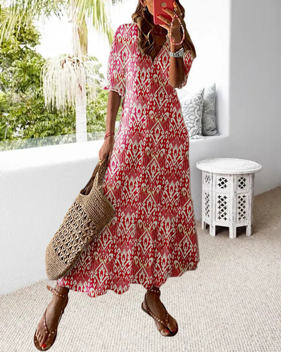 V-neck printed drawstring maxi dress