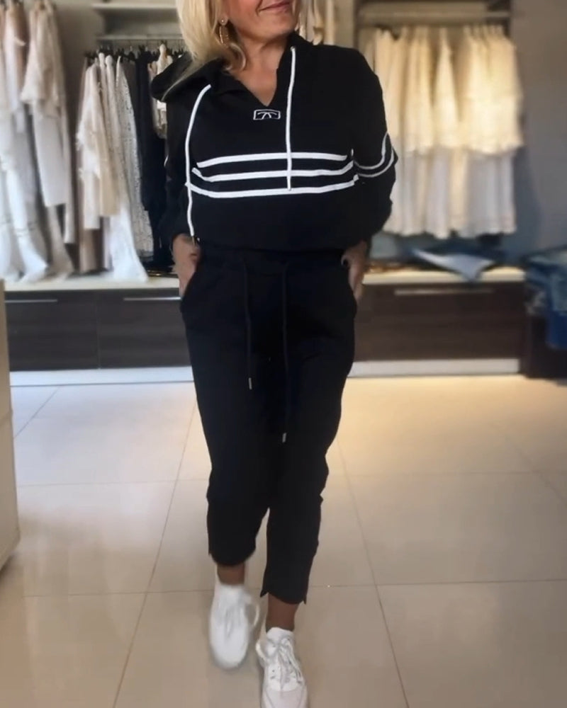 Casual striped print hooded sweatshirt set