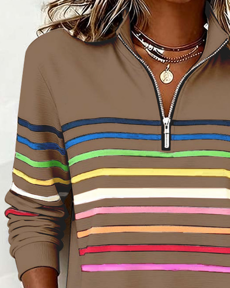 Half-Zip Collar Fashionable Rainbow Striped Sweatshirt