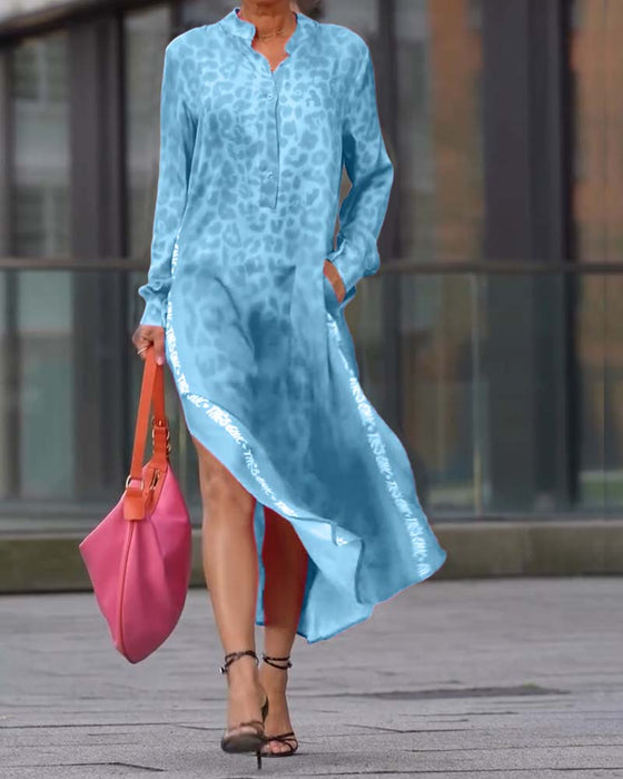 Long-Sleeved Leopard Print Slit Dress