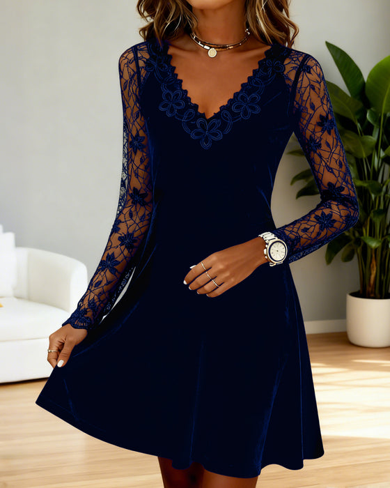 Lace-Trimmed Velvet A-Line Dress