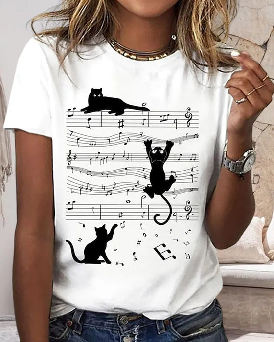 Musical cat print round neck t-shirt