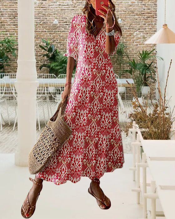 V-neck printed drawstring maxi dress