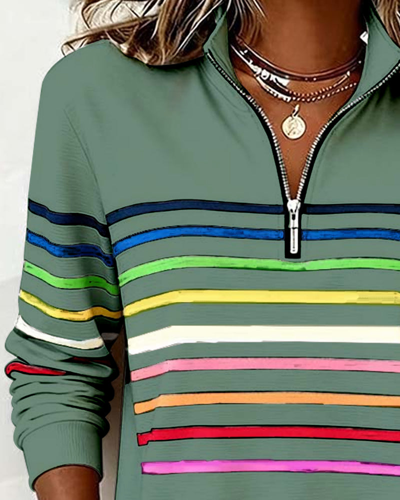 Half-Zip Collar Fashionable Rainbow Striped Sweatshirt
