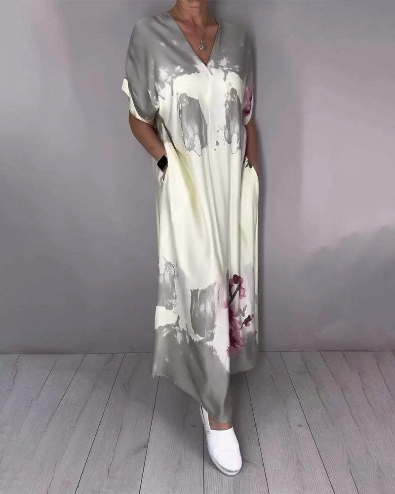 Ink Wash Peach Blossom V-Neck Maxi Dress