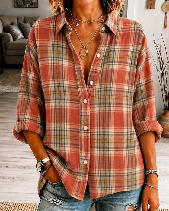 Lapel Checkered Long Sleeve Shirt
