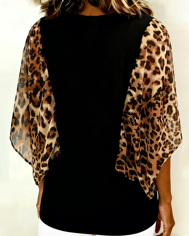 Batwing sleeve leopard print patchwork blouse