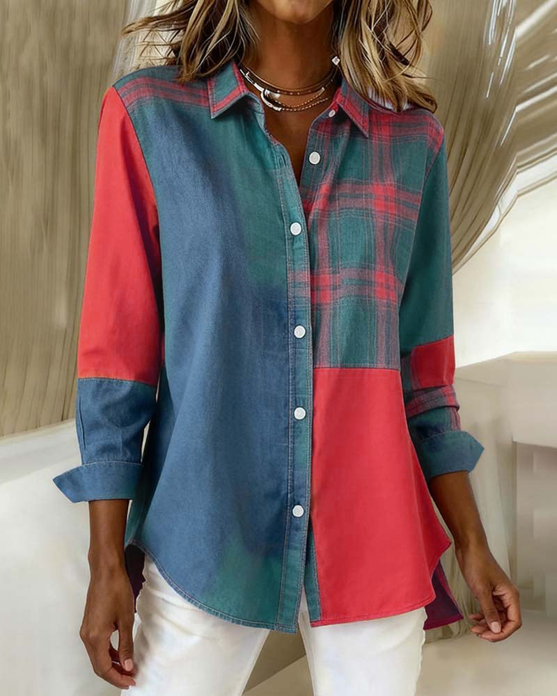 Lapel Plaid Contrast Shirt