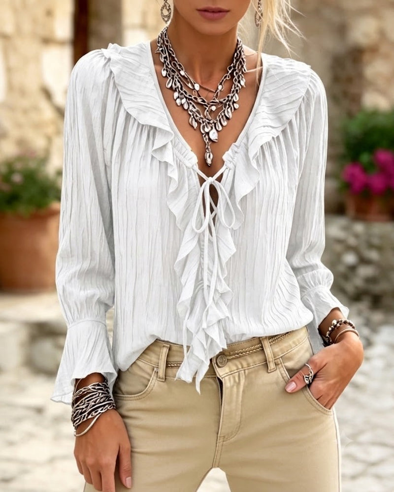 Ruffle Trim Lace-Up Long Sleeve Blouse