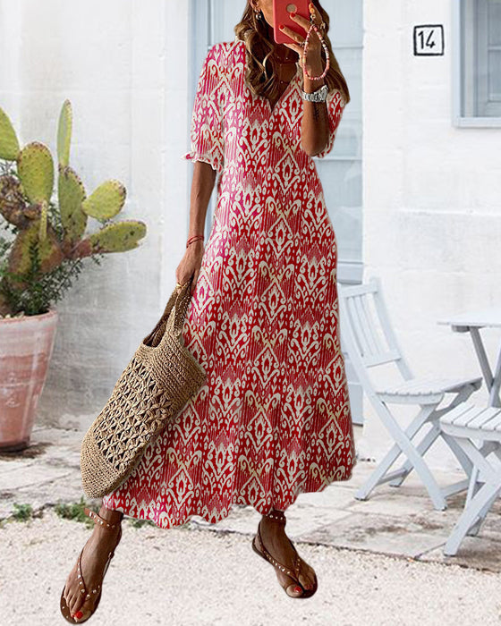 V-neck printed drawstring maxi dress