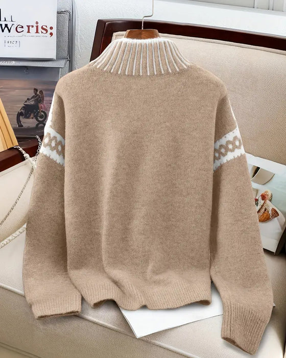 High Neck Patterned Contrast Sweater