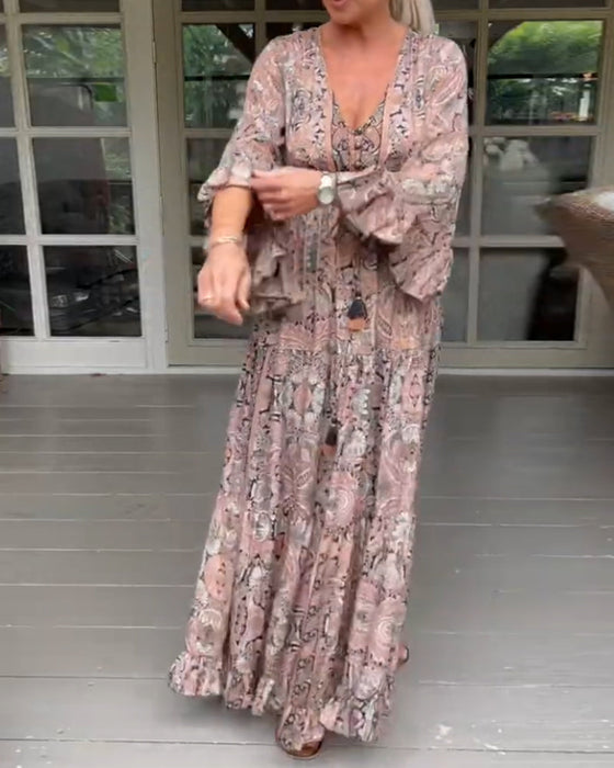 V-neck printed ruffled sleeve dress