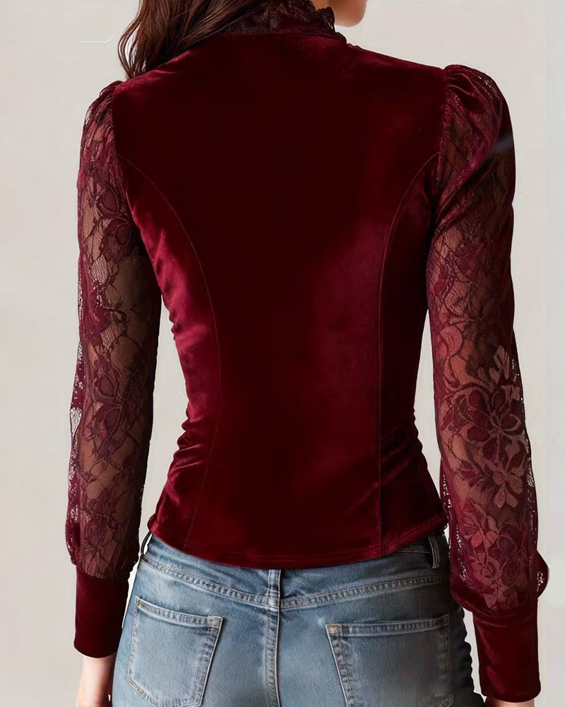Puff Sleeve Lace Trim Blouse