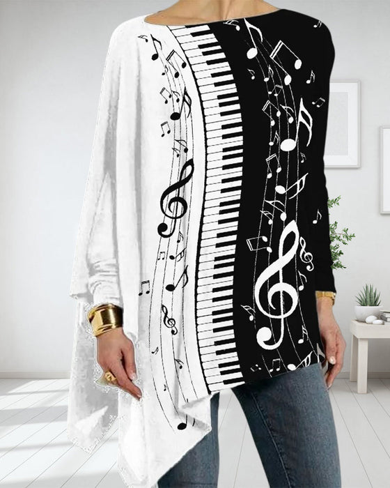 Piano print irregular long sleeve top