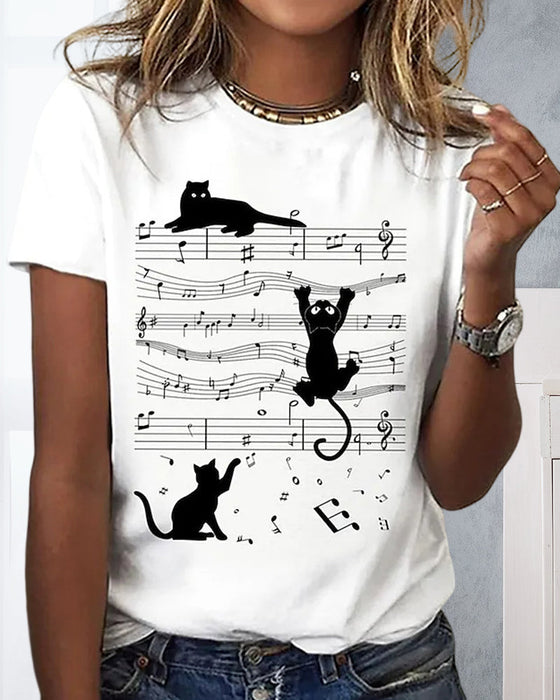 Musical cat print round neck t-shirt